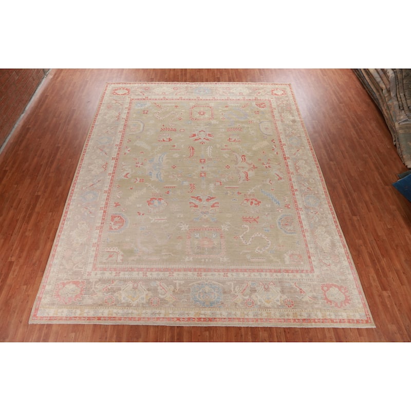 Hand Knotted Oriental 100% Wool Carpet Transitional All-Over Green Oushak Area Rug - 14' 10'' X 9' 11''