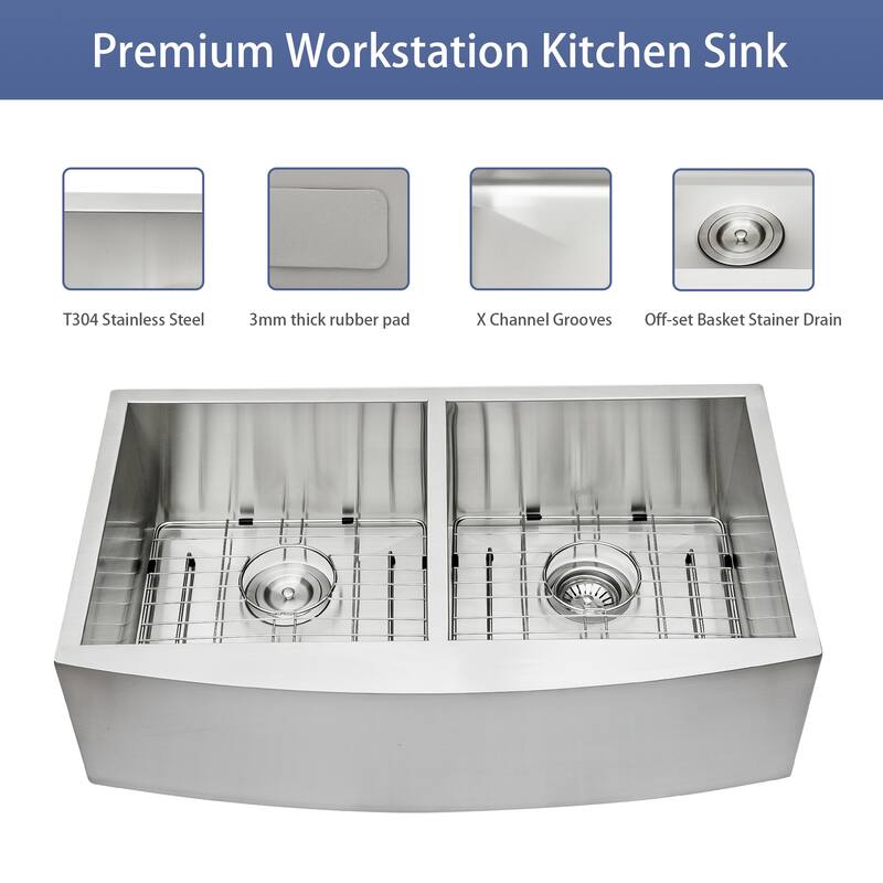 Farmhouse Double Bowl (50/50) Kitchen Sink 16 Gauge with Two 9" Deep Basin - Brushed Nickel