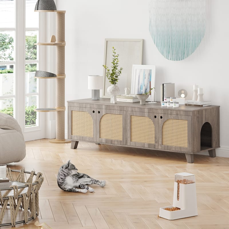Anmytek Cat Litter Box Enclosure TV Stand Rattan Modern Hidden Furniture Console for Living Room
