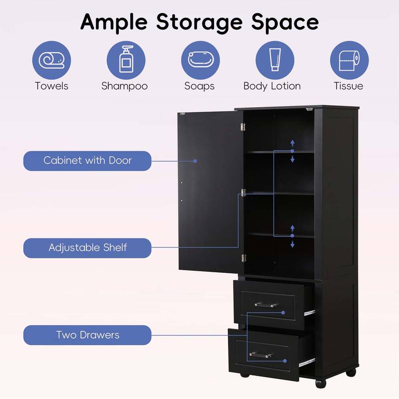 Tall Bathroom Storage Cabinet with Two Drawers and Adjustable Shelf
