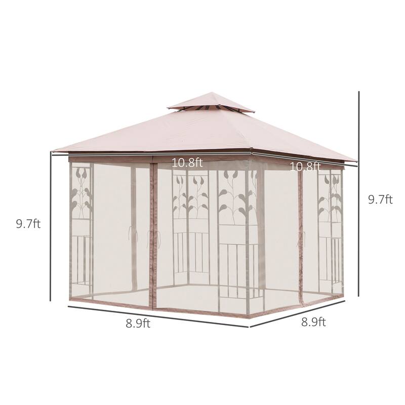 Outsunny 10' x 10' Steel Fabric Rectangle Outdoor Gazebo with Mesh Curtain Sidewalls & 2-Tiered Vented Canopy Top
