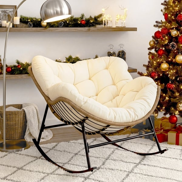 Oversized Indoor Outdoor Royal Papasan Rocking Chair, Patio Egg Rocker with Cushions, 450 lb Capacity - 1 PC-Beige