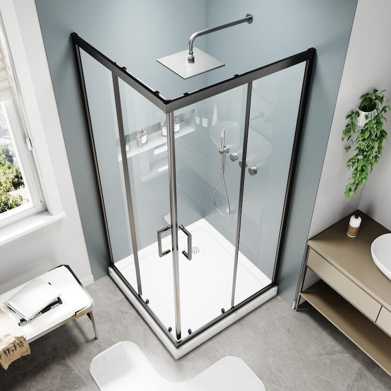 Modland 36x71''H Corner Double Sliding Shower Door with 6mm Tempered Glass for Space-Saving Sliding Design, Black/Gold - Matte Black