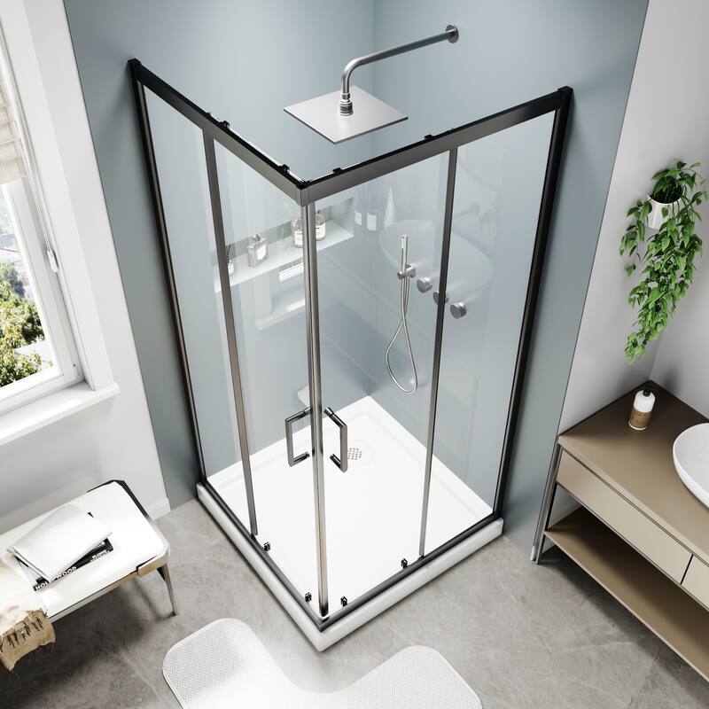 Modland 36x71''H Corner Double Sliding Shower Door with 6mm Tempered Glass for Space-Saving Sliding Design, Black/Gold