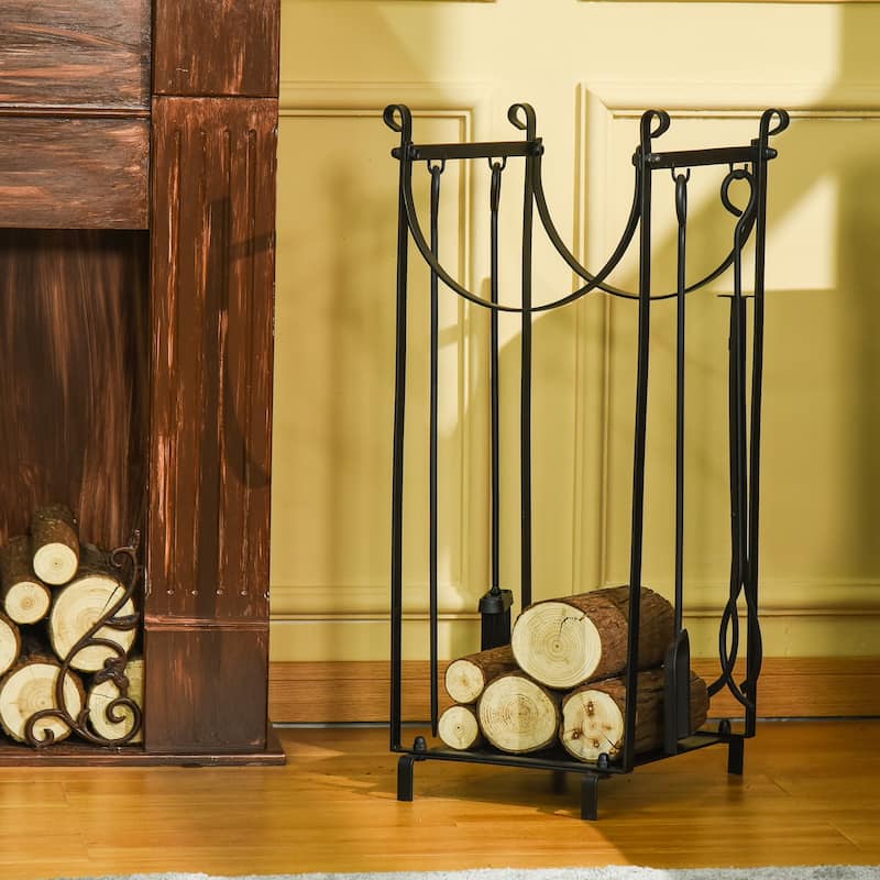 Outsunny 15" 2-Tier Firewood Log Rack with Tools, Fireplace Wood Storage Holder with Shovel, Broom, Poker, Tongs and Hooks