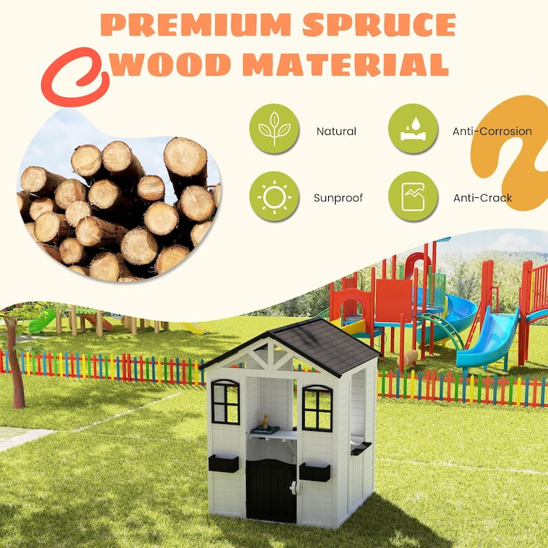 Wooden Adventure Cottage Playhouse for Kids with Working Door, Windows, Service Station, and Flower Pot Holders