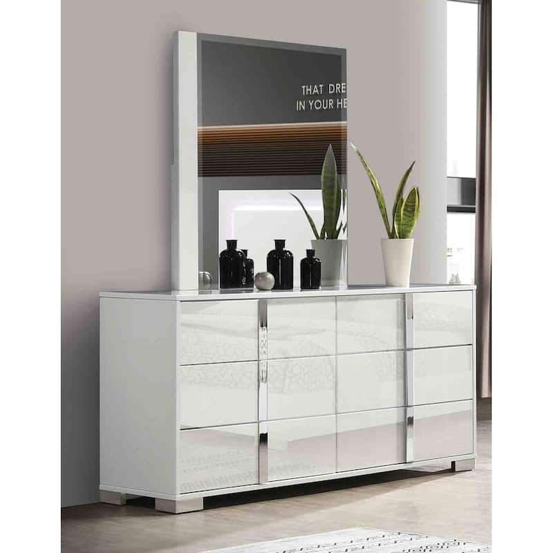 Contemporary White 4 PC Bedroom Furniture Set with LED Headboard Bed Dresser Mirror Nightstand