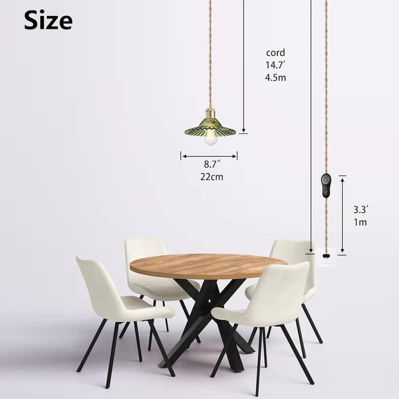 14.76ft long cord dinning room light green plug-in light glass pendant light