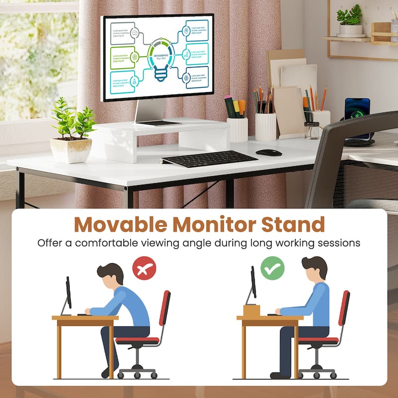 White Reversible Workstation Desk with Steel Frame Monitor Display Shelf and Stable Adjustable Feet