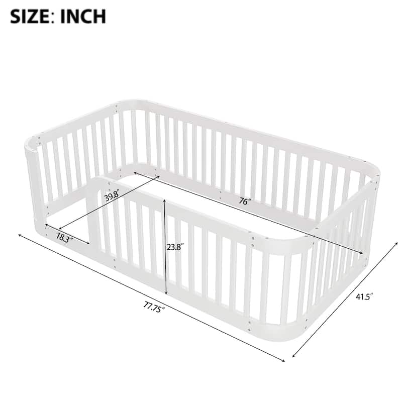 Wood Twin/Full Size Wood Floor Bed Frame with Fence