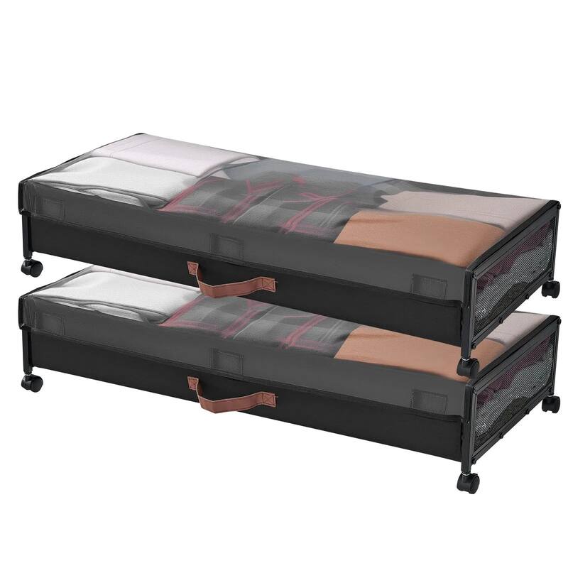 2-Pack Under Bed Shoe Clothing Organizer with Lockable Casters Handles and Clear Top Panel - 35.6 x 15.5 x 5.1 inch