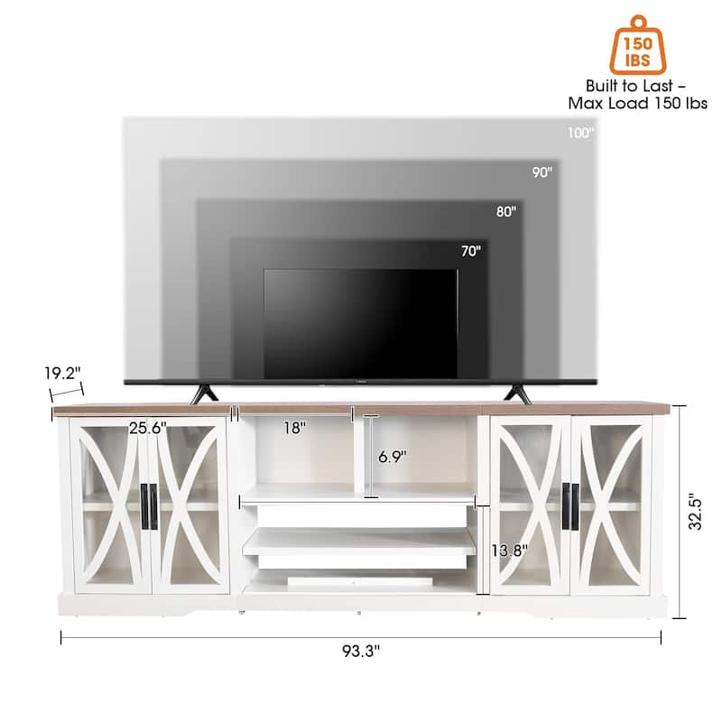 93" Farmhouse White Barn Door Storage Cabinets Console TV Stand for TVs Up to 100" with Adjustable Shelves
