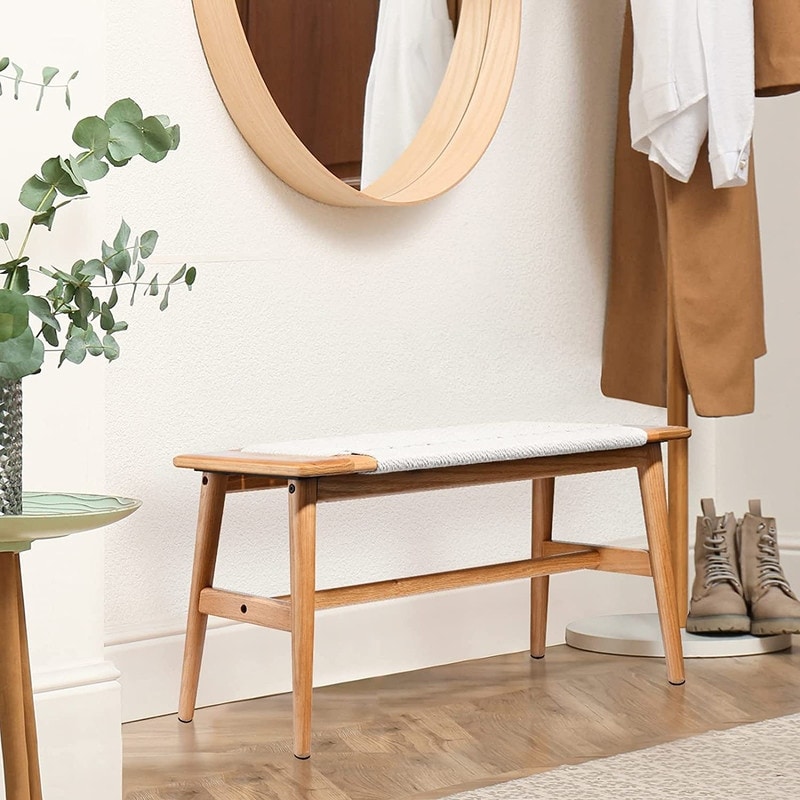 Grondin Boho Style Indoor Solid Oak Wood Bench with Woven Rope
