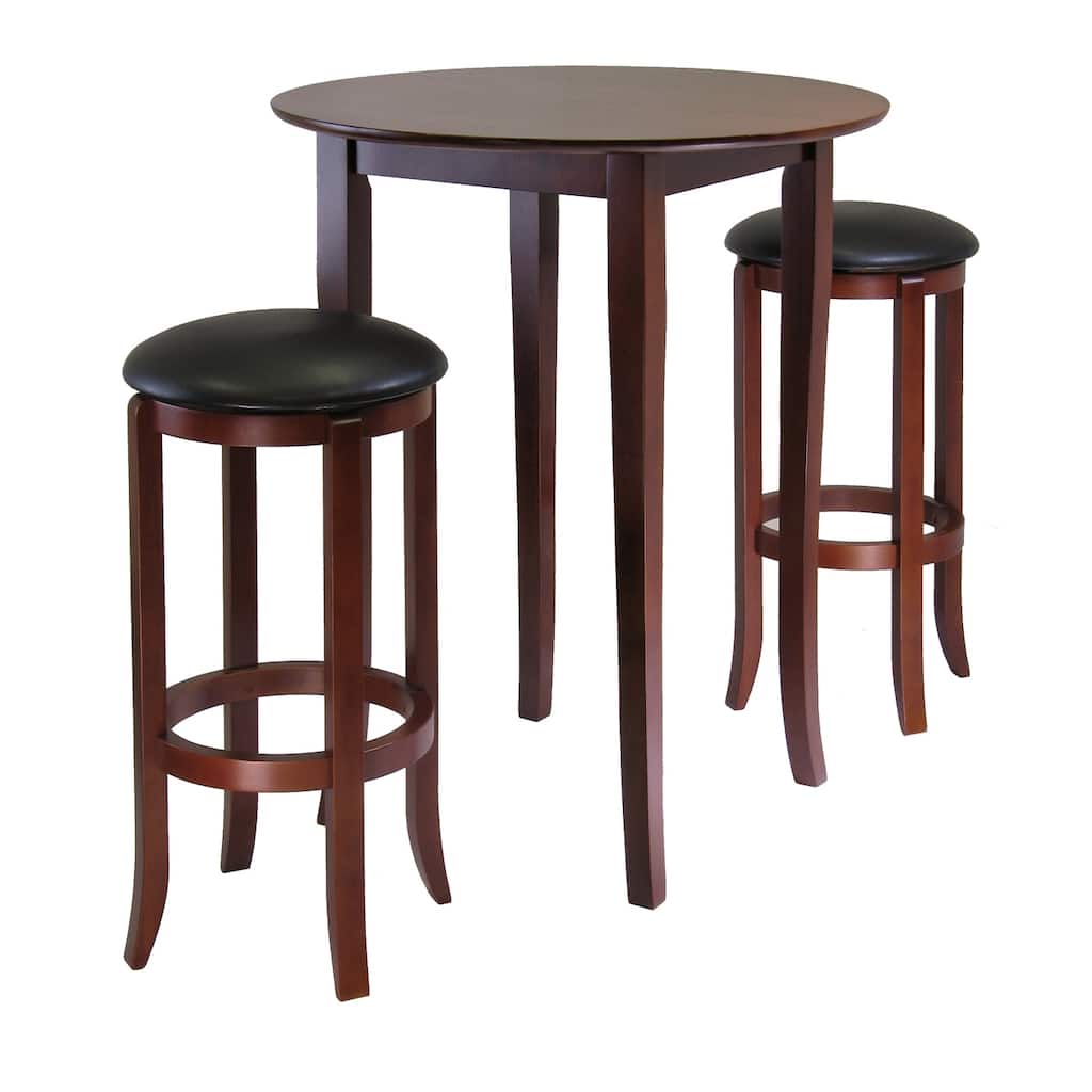 3-Pc High Table with Cushion Swivel Seat Bar Stools, Walnut and Black