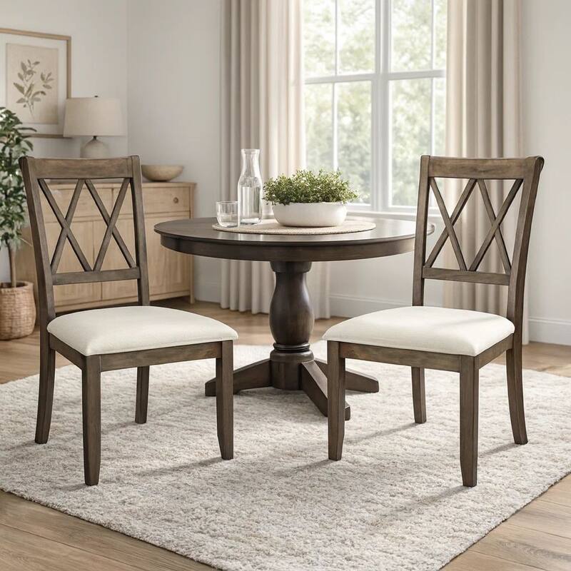 Wooden Side Chair with Double X-Style Back, Set of 2, Beige and Brown