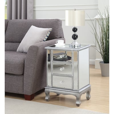 3 Drawer Mirrored End Table with Crystal Knobs, Traditional Accent Table with Cabriole Legs for Bedroom or Living Room Décor