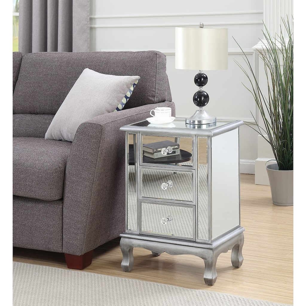 3 Drawer Mirrored End Table with Crystal Knobs, Traditional Accent Table with Cabriole Legs for Bedroom or Living Room Décor