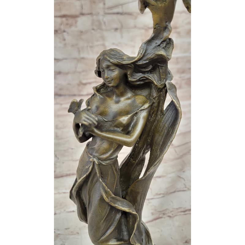 Hand Made Wood Nymph Bronze Candleholder Sculpture Hot Cast Marble Base Figure