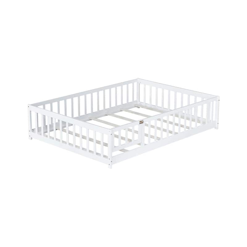 Full Size Floor Bed with Fence and Door,Rubber Wood Floor Bed with Safety Guardrails