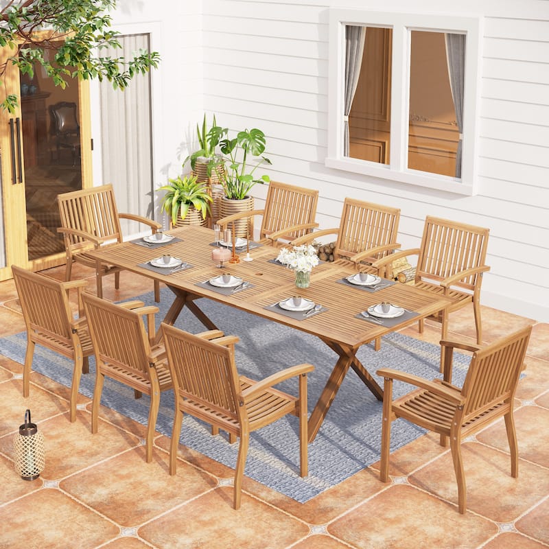 MAISON ARTS Acacia Wood 7/9-Piece Patio Dining Sets, Outdoor Dining Set with Expandable Teak Dining Table and Wooden Chairs - 9-PIece