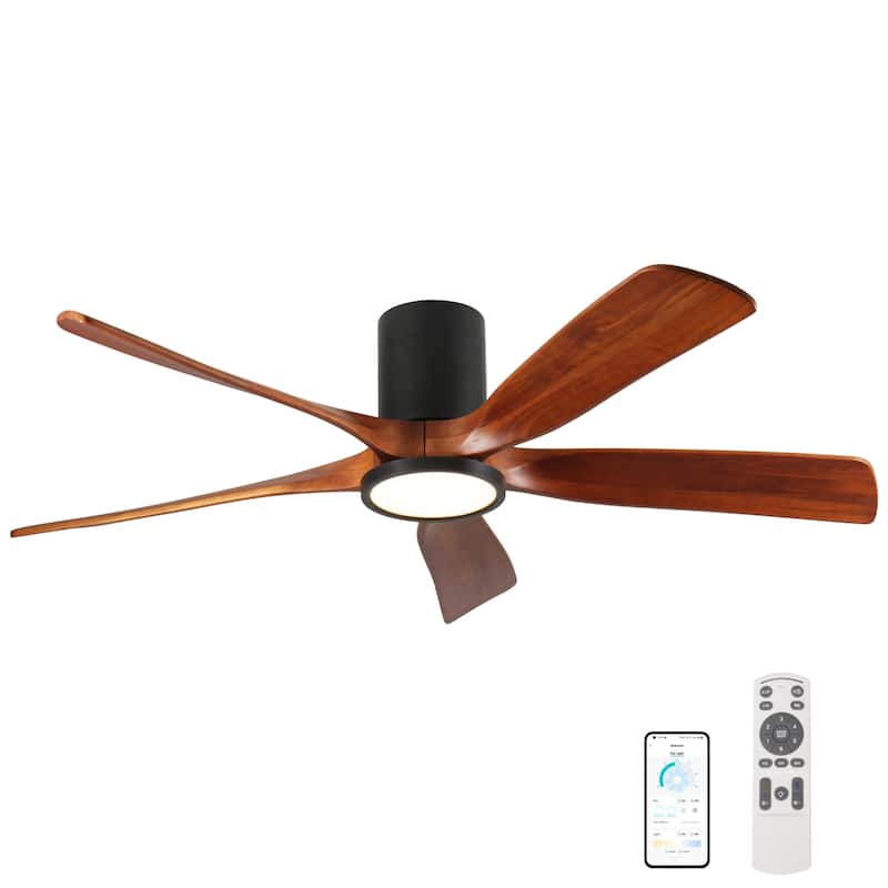 60" Ceiling Fan with Light, Flush Mount, 5 Solid Wood Blades, Quiet Reversible DC Motor, APP & Remote Control - Natural Wood - Natural Wood