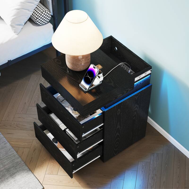 Nightstand with Built-In Charging Station and LED Lighting, 3-Drawer Sliding-Top Modern Bedside Table