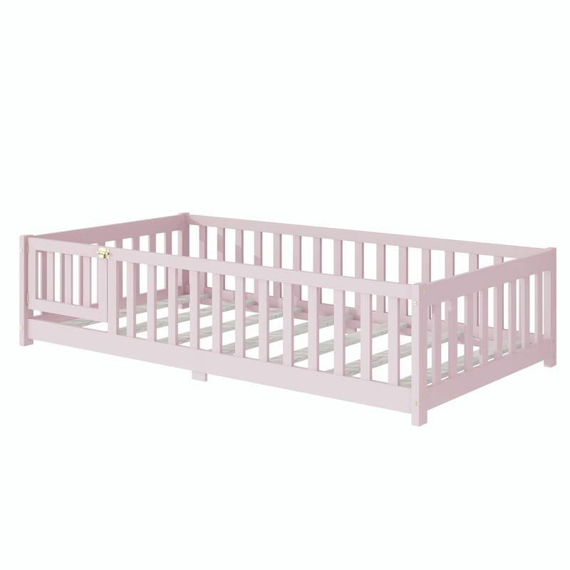 Floor Bed with Fence and Door, Rubber Wood Floor Bed with Safety Guardrails