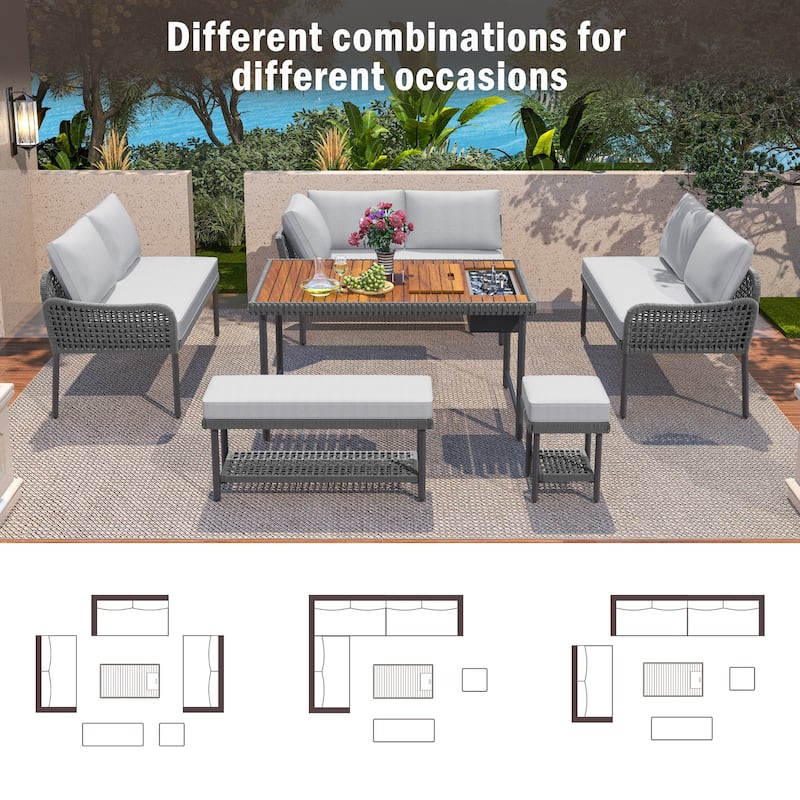 6-Piece Outdoor Patio Rope L-Shaped Sectional Sofa Set with Acacia Wood Table and Ice Box