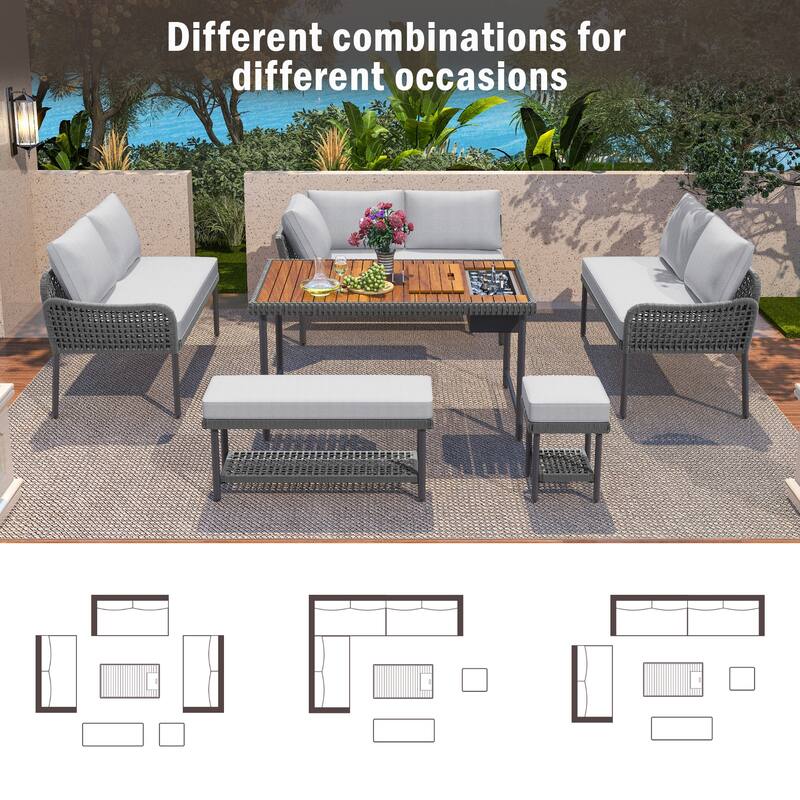L-shape Outdoor Sectional Sofa Set 6-Piece Rope Patio Furniture Couch with Storage Coffee Table, Stools and Bench
