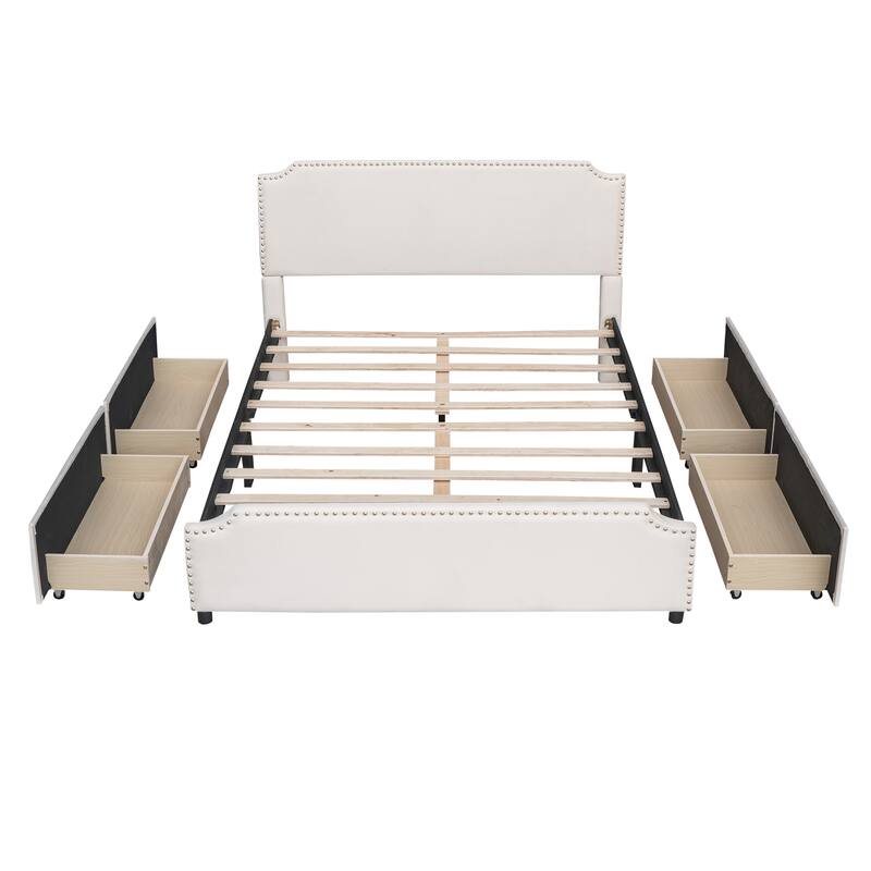 Upholstered Platform Bed Queen Size Velvet Fabric Storage Bedframe with 4 Drawers, Headboard & Footboard, No Box Spring Needed