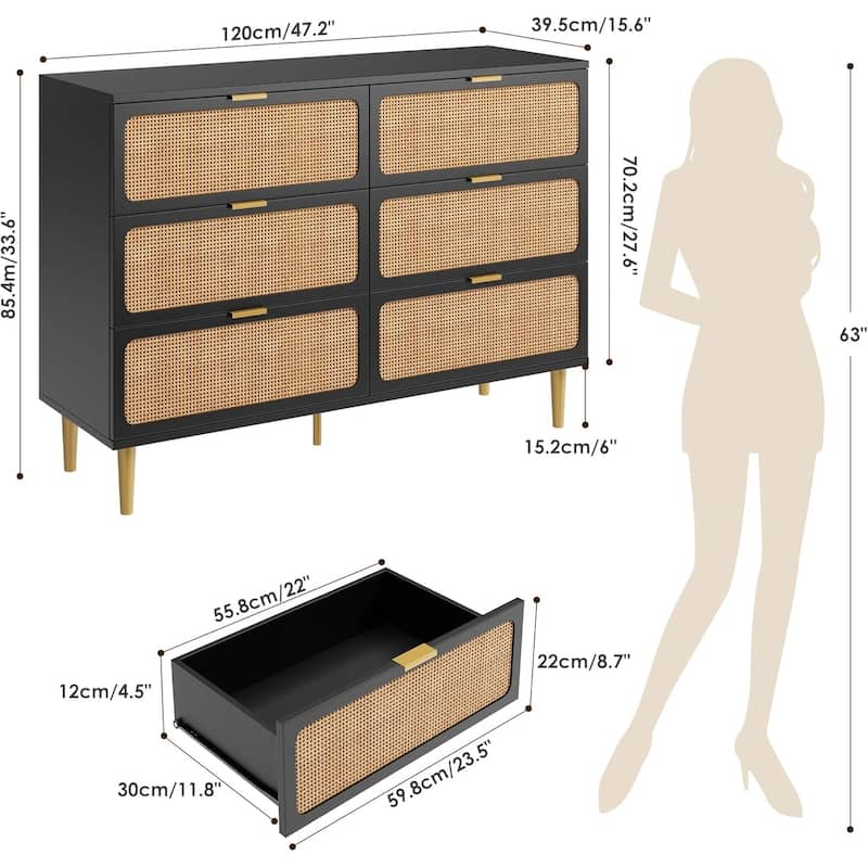 Rattan 6 Drawer Dresser for Bedroom, Double Chest with Deep Drawers and Wide Top for Living Room, Hallway, or Closet
