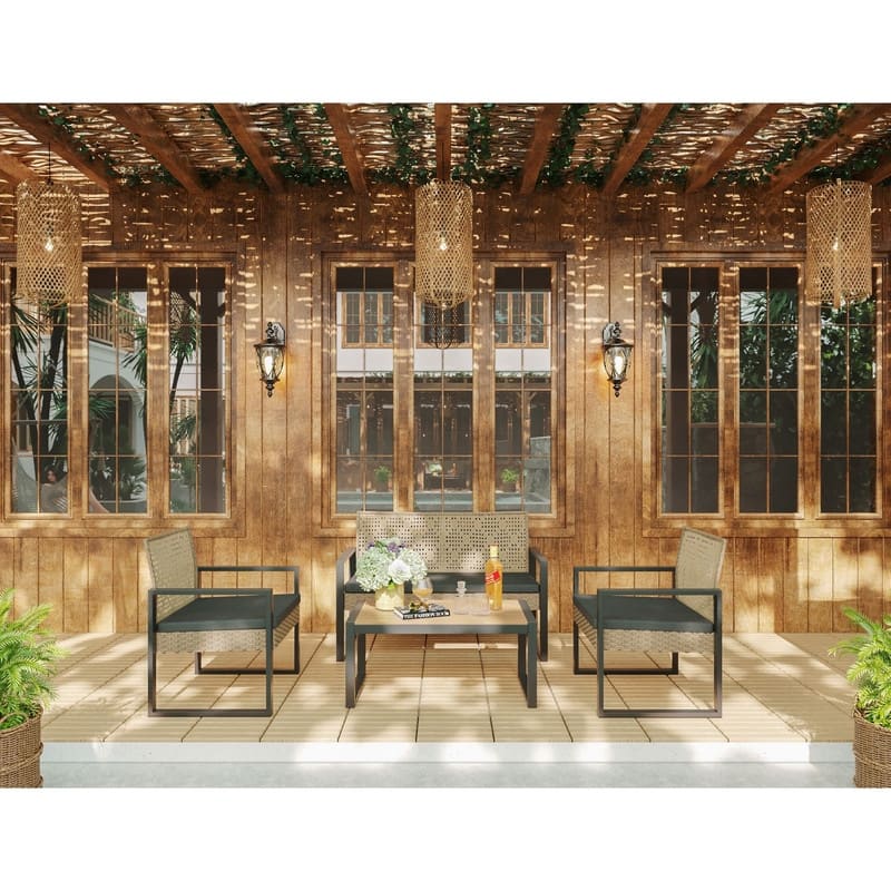 4-Piece Patio Furniture Set Outdoor Balcony Porch Garden Backyard Lawn Furniture Acacia Wood Table Top