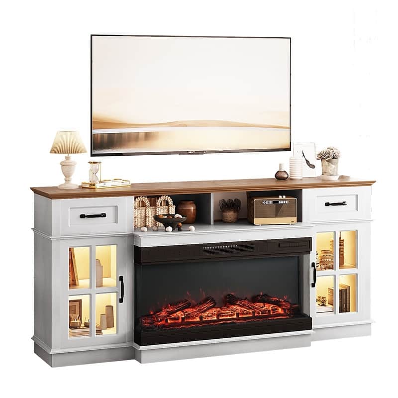 Farmhouse 70'' TV Stand For Tvs Up To 80'' With Electric Fireplace and Adjustable Shelves