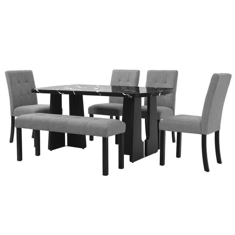6 Piece Standard Height Dining Table Set with 63" Faux Marble Table and 4 Upholstered Chair, Bench for Kitchen