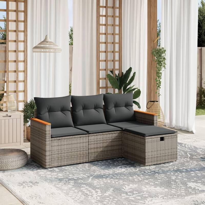 vidaXL Patio Sofa Set with Cushions Outdoor Furniture 4 Piece Poly Rattan - Gray - 24.4 x 24.2 x 27.2 in
