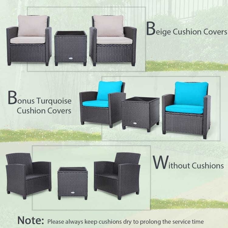 3 Pieces Rattan Patio Furniture Set with Washable Cushion - Chair: 26.5" x 26.5" x 30"