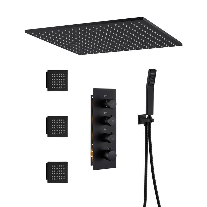 20 Inch 3 Functions Flush Ceiling Mounted Thermostatic Shower System - Matte Black