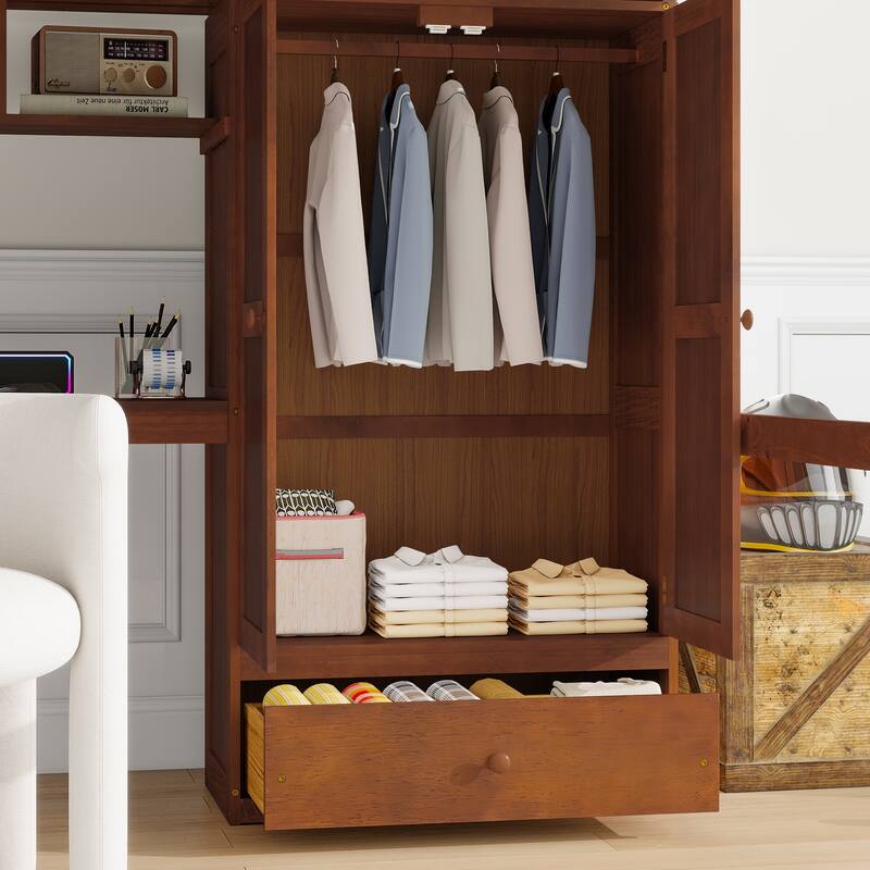 Roomfitters Full Loft Bed with Desk, Bookshelves and Storage Cabinets, Staircase with Shelves, Safety Guardrails, Walnut