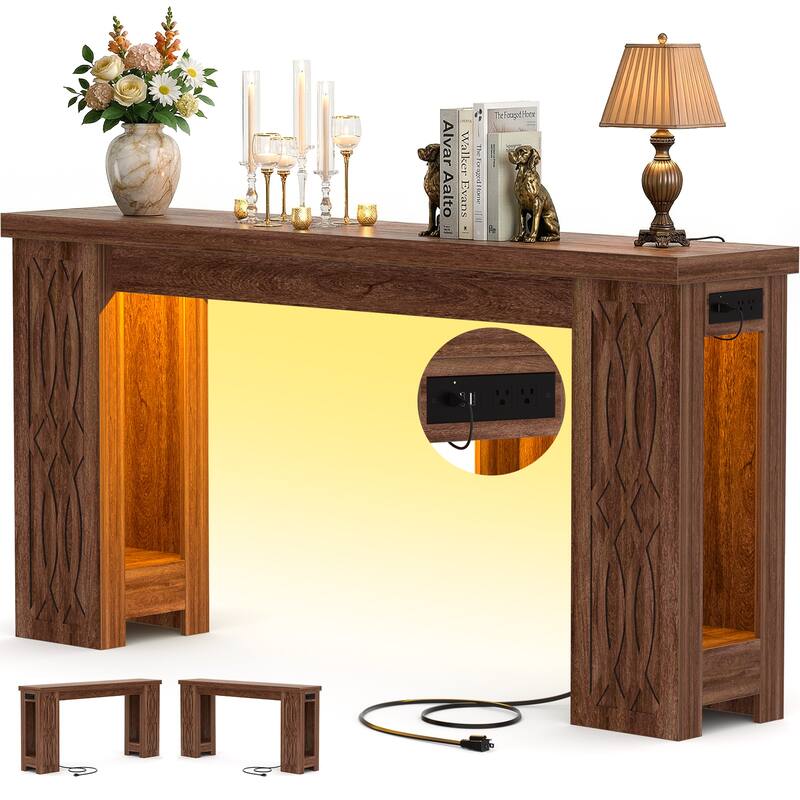 47" Farmhouse Console Table with RGB LED Light ＆ Power Outlets, Unique Carved Design Farmhouse Entryway Table Sofa Table