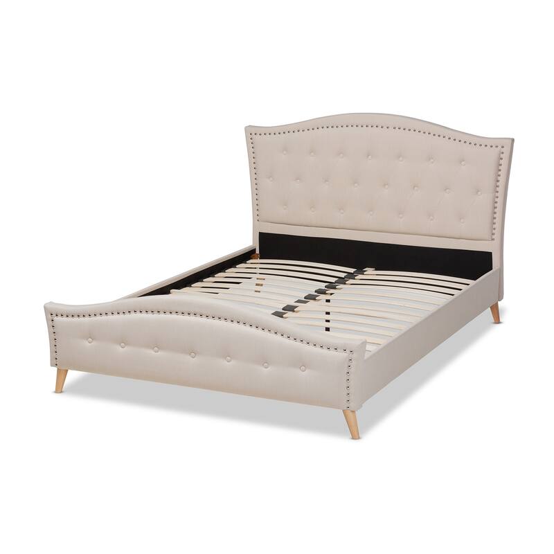 King Size Platform Bed - Modern Beige Upholstered Bed with Button Tufted Headboard & Angled Legs
