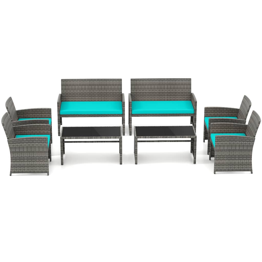 Gymax Set of 8 Patio Conversation Set w/Seat Cushions & Tempered Glass