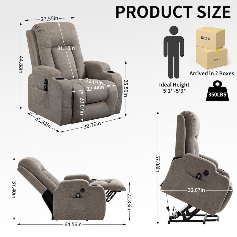 Power Lift Recliner with 8-Point Massage&Lumbar Heating, Cup Holders
