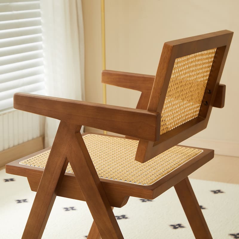2 Piece Rattan Solid Wood Kitchen Dining Chair with Cushions, Backrests, Armrests for Dining Room Kitchen Living Room Bedroom