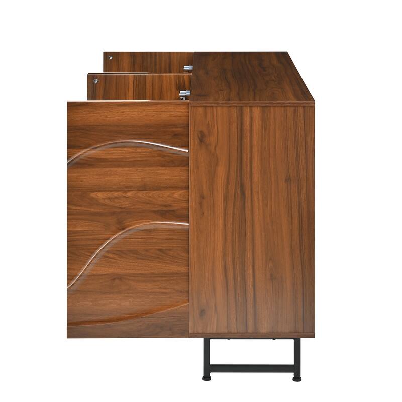 Modern Solid Wood Sideboard with Wave Relief Design, Large 4 Door Storage Cabinet Walnut Texture Buffet Sideboard