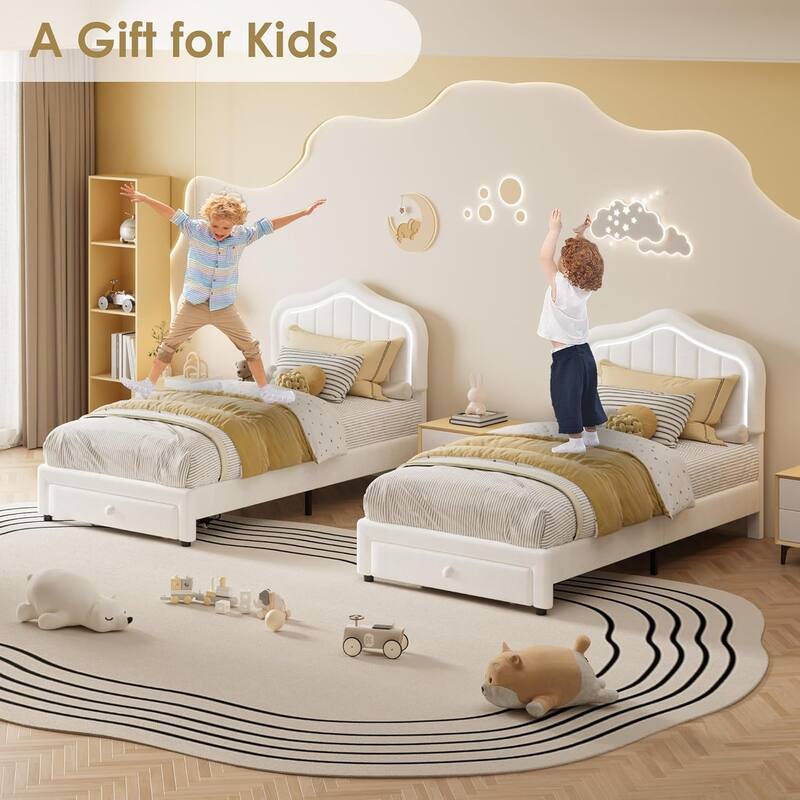 Twin Upholstered Bed Frame with LED Headboard & Storage Drawer, Platform Bed for Kids, No Box Spring Needed