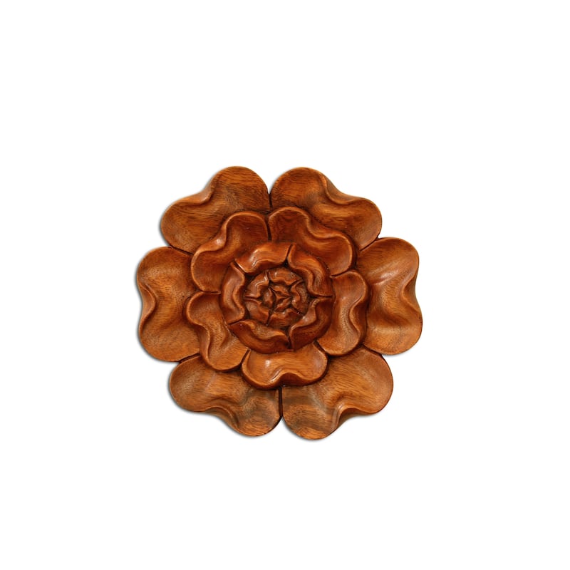 Wooden Hand Carved Wall Art Lotus Flower Relief Panel Handcrafted Wall Plaque Gift Decorative Home Decor Accent Handmade Wood - 8" Diameter X 1" Depth