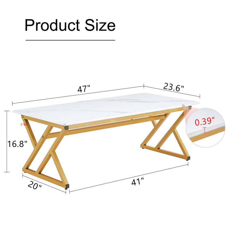 47" Modern Rectangular Coffee Table with Sintered Stone Tabletop and X-shaped Metal Legs