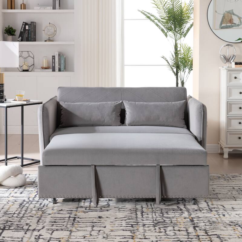 3 in 1 Convertible Sleeper Futon Sofa Bed, 55" Grey Velvet Loveseat with 2 Pillows, Reclining Backrest, Side Pockets