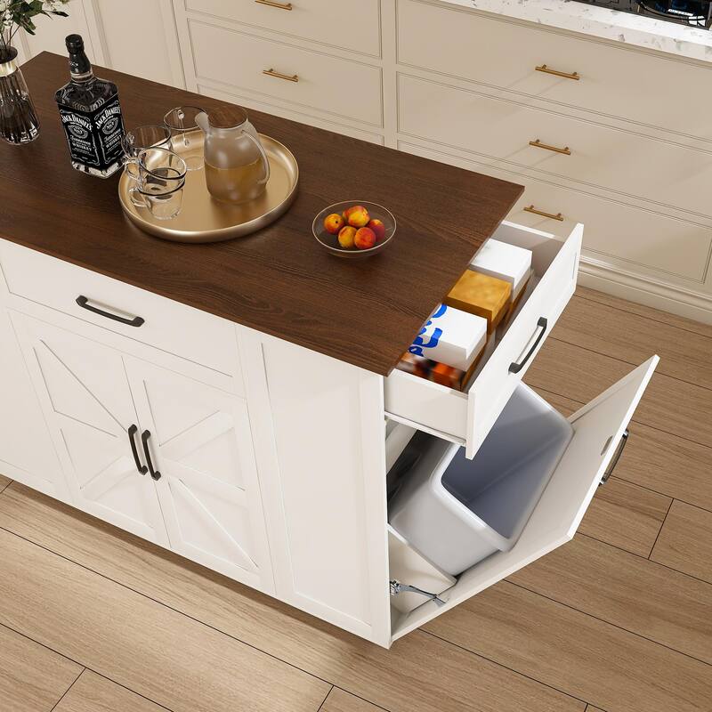 Kitchen Island with Storage, Rolling Kitchen Island Cart on Wheels with Power Outlet, Trash Can Storage & Adjustable Shelf