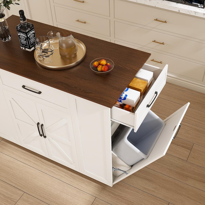 Kitchen Island with Wood Top, Kitchen Island Cart on Locking Wheels, Rolling Cart with Power Outlet, Drawer & Adjustable Shelf